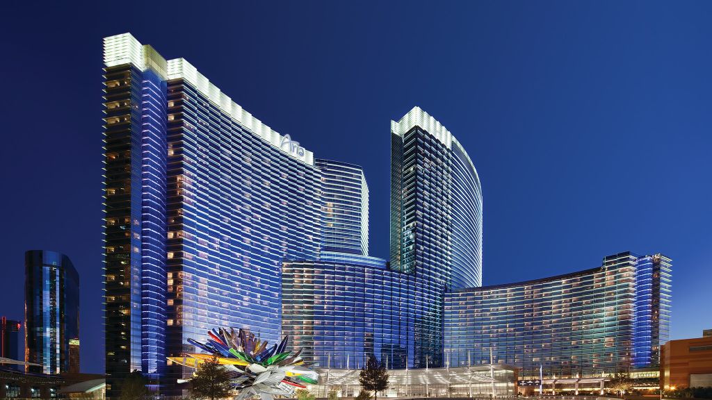 "ARIA Resort & Casino illuminated at night in Las Vegas, Nevada."