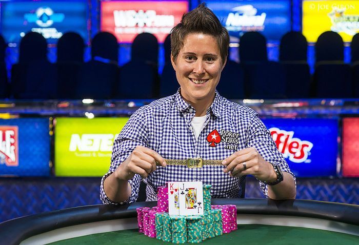 Vanessa Selbst, the highest-earning female poker player, holding her championship bracelet at the WSOP.