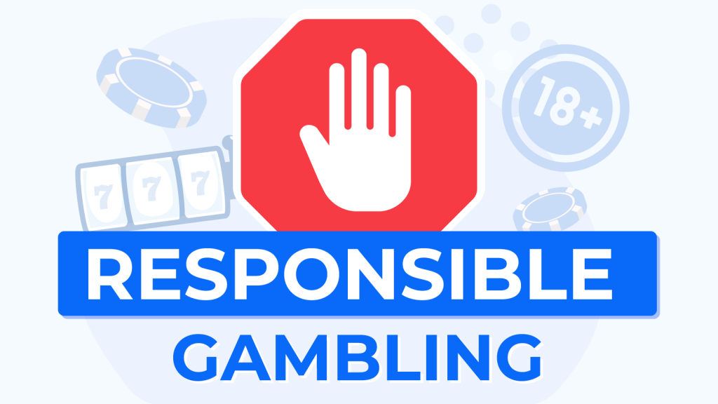 "Responsible Gambling sign with a red stop hand and icons."