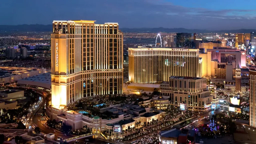 "View of The Venetian Resort Las Vegas and Palazzo at night in Las Vegas, Nevada."