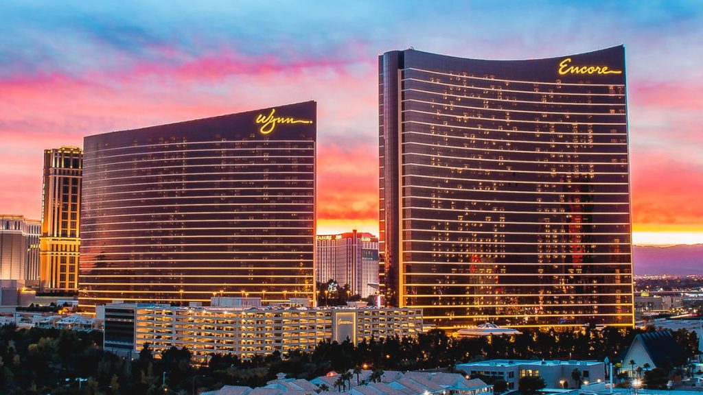 "Wynn Las Vegas and Encore towers at sunset in Las Vegas, Nevada."