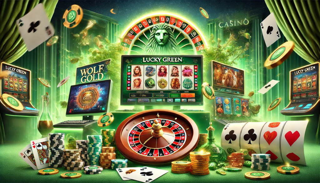 A vibrant casino scene with roulette, slot machines, poker chips, and cards in a green and gold theme.