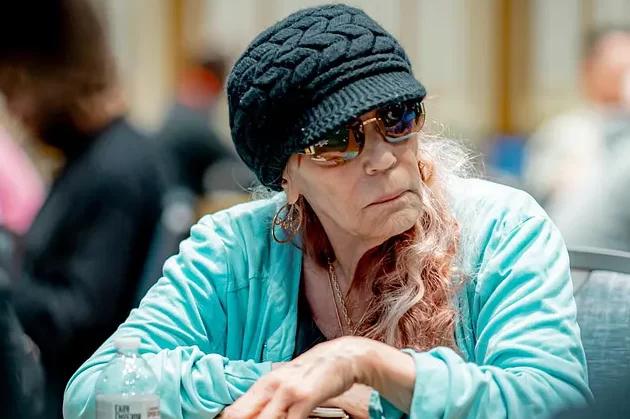 Poker champion Barbara Enright, the first woman inducted into the Poker Hall of Fame, in her signature look.